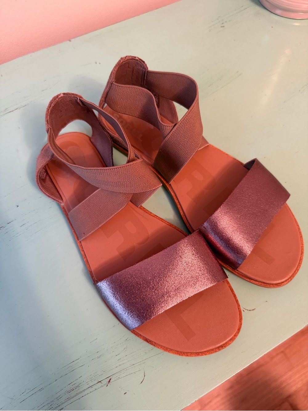 Sorel Mauvey Brown Metallic Elastic Strap Sandals